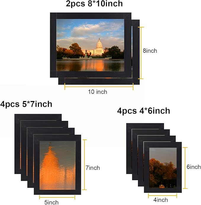 Picture Frame Set 10 pack, Farmhouse Photo Frames, Gallery Wall Frame Collage, 8x10 5x7 4x6 Frames in 3 Different Finishes Picture Frames For Wall or Desk,Black