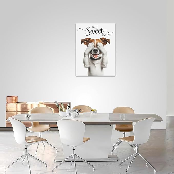 Bathroom Dog Wall Art Funny Dog Pictures Wall Decor Hello Sweet Cheeks Toilet Bathroom Canvas Painting Home Modern Artwork Decorations Framed for Restroom 12 x 16 inch