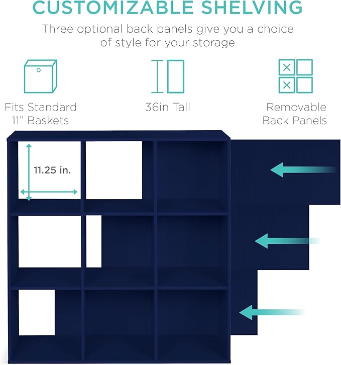 Best Choice Products Kids Bookcase 9-Cube Storage Organizer, 11in Shelf Opening, Bookshelf, Toy Storage, Customizable w/ 3 Removable Back Panels – Navy