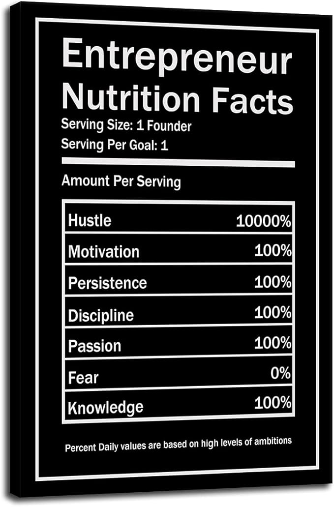 Entrepreneur Nutrition Facts Canvas Wall Art Motivational Quotes Poster Inspiring Entrepreneurship Hustle and Bustle Success Pictures Printed Artwork Office Home Decor Ready to Hang[12''W X 18''H]