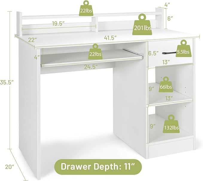 IFANNY Wooden Computer Desk, White Home Office Desk w/Drawers, Keyboard Tray, Open Shelves & Monitor Stand, Modern Writing Desk, Compact Computer Desk for Small Spaces (White)