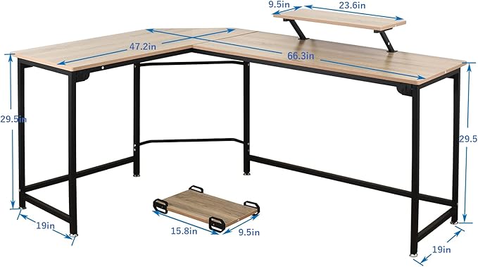 L-Shaped Computer Study Corner Desk with Monitor Stand Shelf CPU Stand, PC Laptop Gaming Desk 66” Workstation for Home Office Writing Table, Wood & Metal, Space-Saving