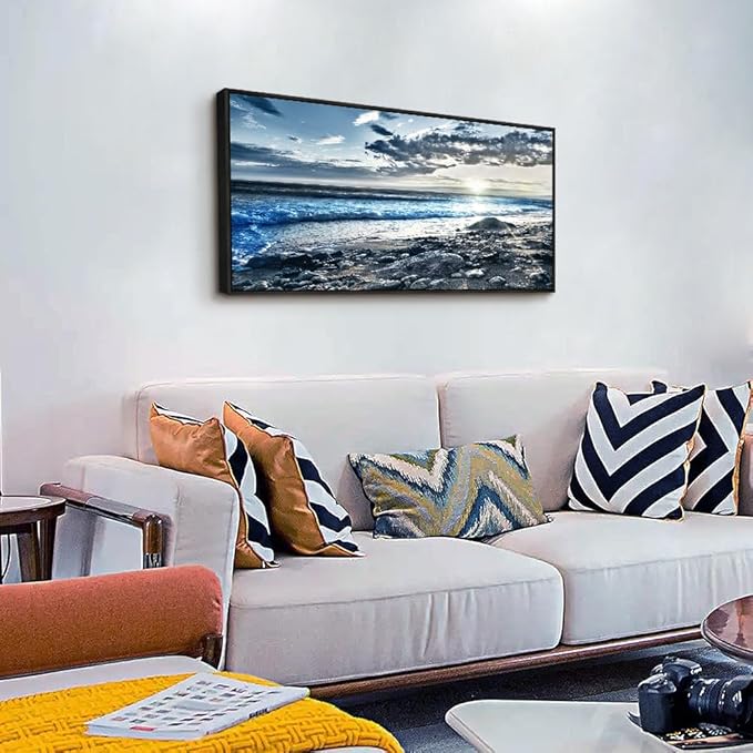 Black Framed Canvas Wall Art For Living Room Large Wall Decor For Bedroom Modern Office Decor Blue Beach Sun Ocean Landscape Painting Prints Artwork Seascape Framed Hang Pictures Home Decoration