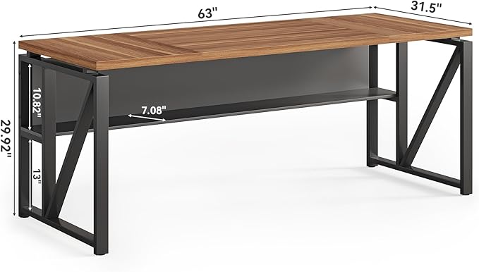 LITTLE TREE 63-Inch Executive Office Desk, Large Computer Desk with Storage Shelf, Executive Desk with Metal Frame, Study Writing Desk Work Station for Home Office, Brown + Black