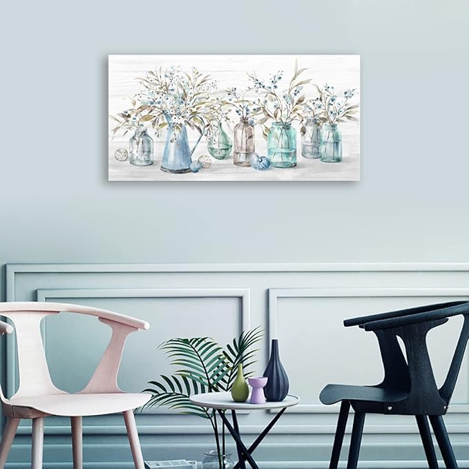 Indigo Floral in Jar Canvas Painting Pictures - Vintage Botanical Flower Bottle Artwork for Living Room, Bedroom, Office - 24" X 48" Wall Decor