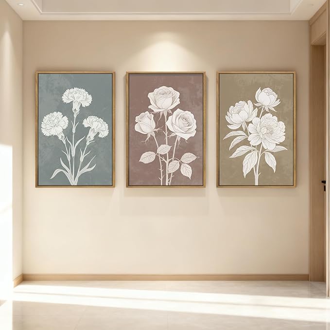BINCUE Neutral Botanical Wall Art Rustic Floral Paintings Farmhouse Flower Artwork Vintage Plants Wall Decor Framed Flower Artwork Minimalist Floral Artprints for Living Room Bedroom Dining Room 16x24 Inches Set of 3