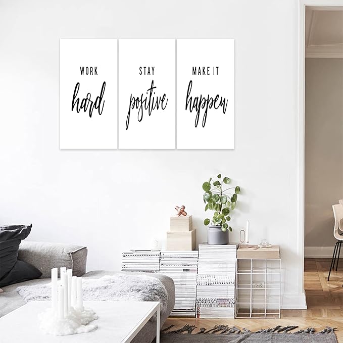 3 Piece Inspirational Wall Art, White Motivational Mindset Picture, Quote "Work Stay Make It" Canvas Print for Office Decor, Triptych Entrepreneur Poster Framed Artwork for Gym Wall Decor (36"Wx18" H)