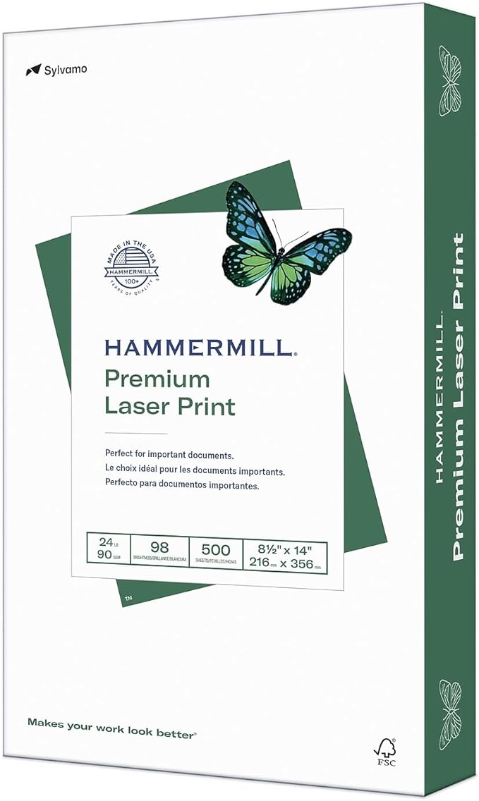 Hammermill 104612 Laser Print Office Paper, 98 Brightness, 24lb, 8-1/2 x 14, White, 500 Sheets/RM
