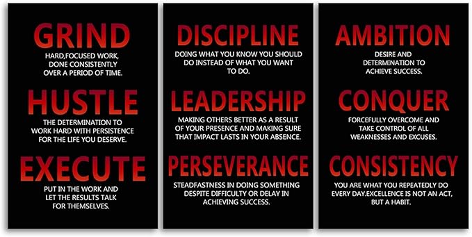 Canvas Painting Wall Art Inspirational Wall Art Discipline Grind Consistency 3 Pieces Inspiring Poster Positive Motivational Framed Artwork Prints Picture for Living Room Office Decor[48''Wx 24''H]