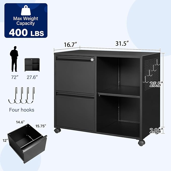 Yizosh 2-Drawer Metal File Cabinet with Lock, Mobile Lateral Filing Cabinet, Printer Stand with Adjustable Storage Shelves for Home Office (Black)