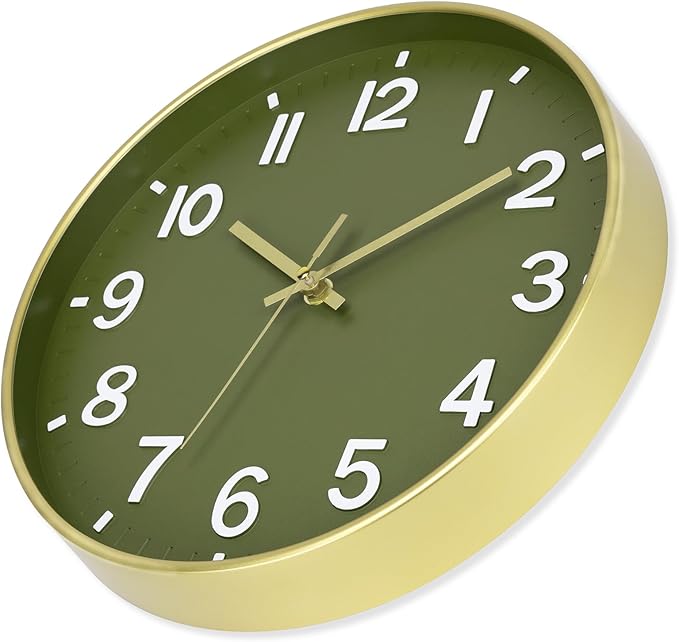 Foxtop Modern Wall Clock Silent Non-Ticking Battery Operated Round Quartz 12 Inch Wall Clock for Bedroom Living Room Kitchen Home School Office Decor (Olive Green and Gold)