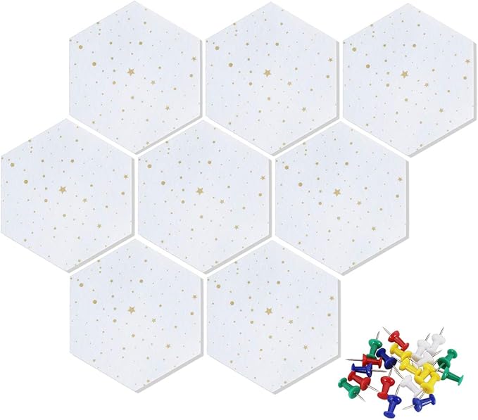 Felt Hexagon Bulletin Board with 20 Push Pins, Pack of 8 Notice Boards for Home Office Kitchen, Push Pin Board Felt Wall Tiles for Photos Memos