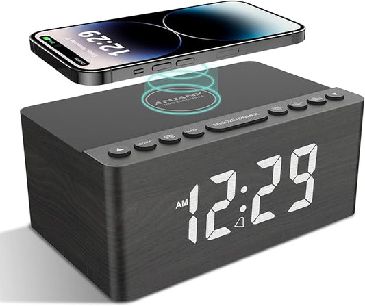 ANJANK Wooden Digital Alarm Clock FM Radio,10W Qi Certified Fast Wireless Charging Station for iPhone/Samsung Galaxy,5 Level Dimmer,USB Charger,9 Wake up Sounds, Bedroom, Bedside, Desk, Nightstand
