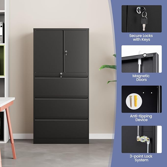 3 Drawer Lateral File Cabinet, Office Storage Cabinet with 3 Wide&Deep Drawers and Locking Doors, Black Metal Cabinet with Adjustable Shelves for Home Office, Fits A4/Letter/Legal Size Folders