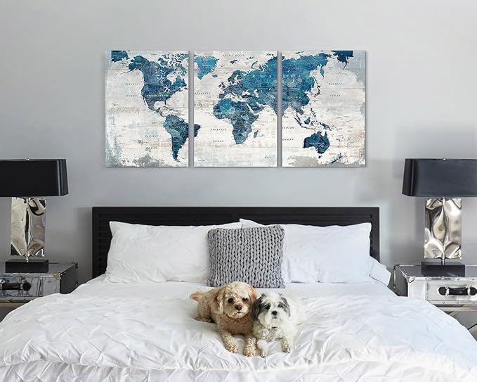 GIFTTWART World Map Office Wall Art Canvas for Living Room Wall Pictures Blue Large Artwork Modern Bedroom Kitchen Dining Room Home Decor