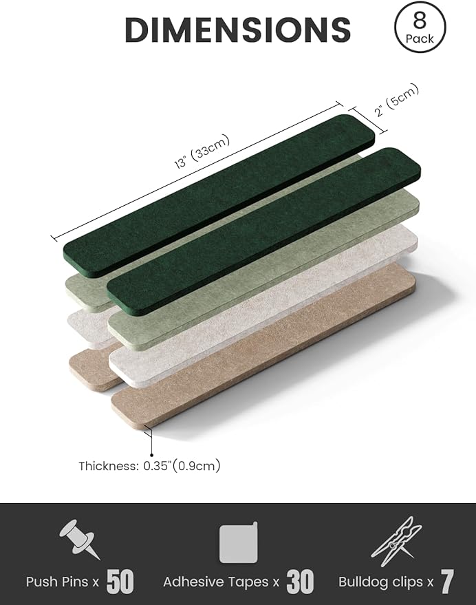 Cork Board Alternative Felt Strip Board 8-Pack 13"x2", Office Pin Board with 50 Push Pins, Adhesive Install for Bedroom Door & Home Office(Nordic Moss)