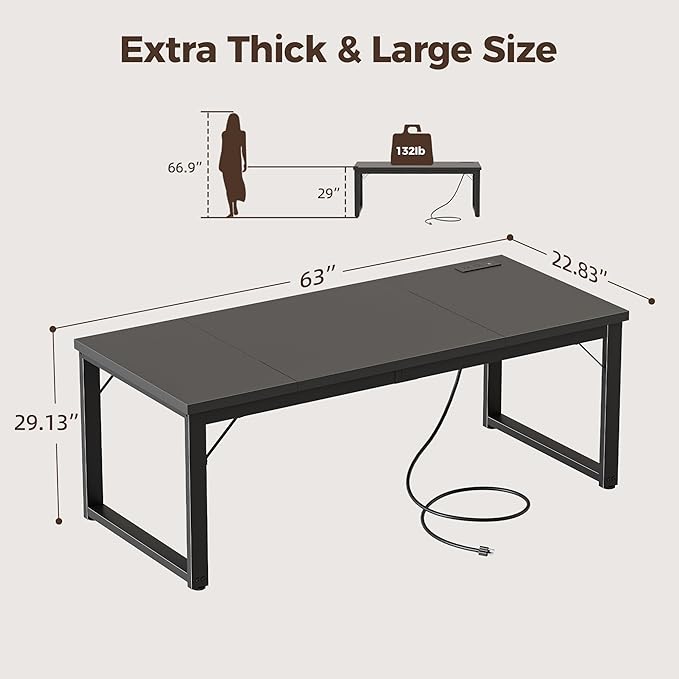 Mericonia 63 Inch Large Computer Desk with Power Outlets, 1.2" Thick Heavy Duty Industrial Office Desk, Modern Simple Study Writing Table for Home Office Bedroom Workstation, Black