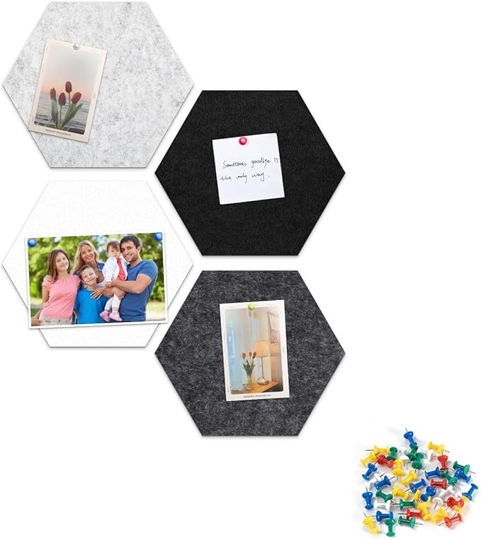 4 Pack Hexagon Felt Bulletin Board Tiles - 11.8" Large Thick Pin Board for Walls with 30 Push Pins, DIY Boards for Office Home School Decor, Aesthetic Hex Cork Board Alternative