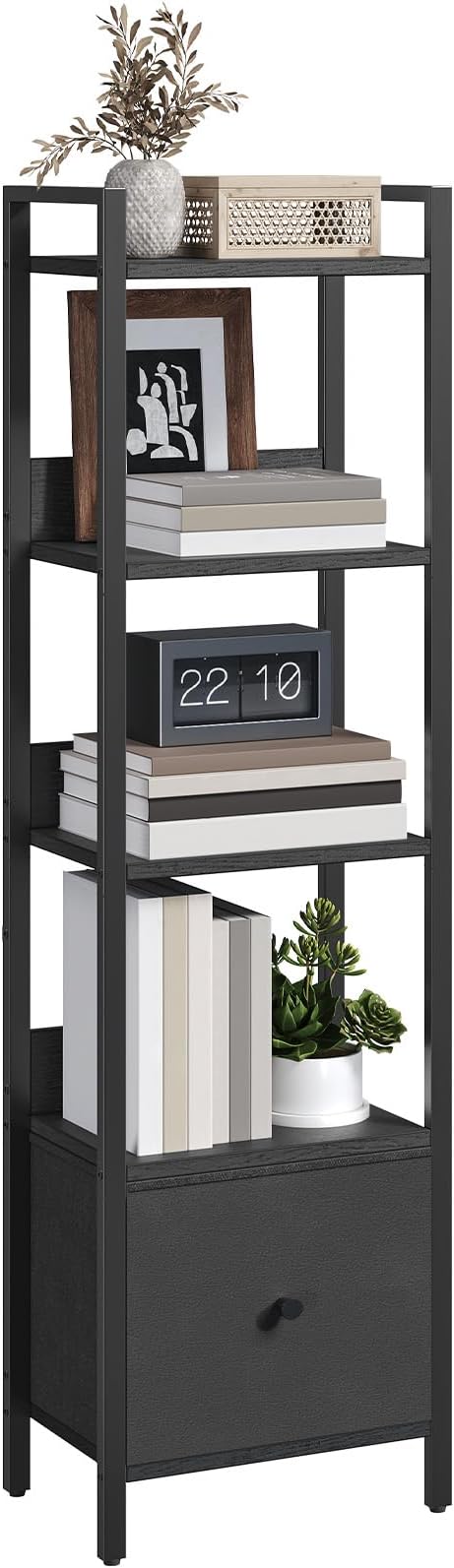 Bookshelf, 5-Tier Bookcase with Drawer, Small Book Shelf for Small Space, Storage Shelf Organizer, for Living Room, Bedroom, Study, Kitchen, Black BKHB55101