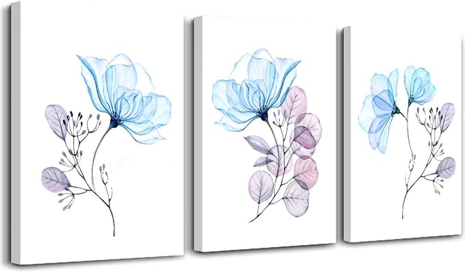 3 Piece Modern Blue Flowers Canvas Wall Art for Bedroom Living Room decor,Bathroom Wall Decor,3 Panels framed Wall Watercolor Painting Kitchen Home Decoration Canvas Print Artwork Wall Mural