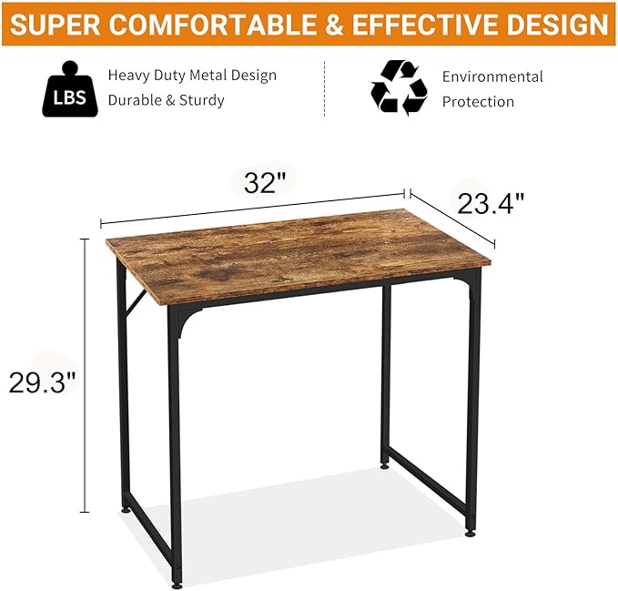 BLKMTY 32" Computer Desk, Home Office Writing Desk Wood PC Study Table Work Desks Modern Simple Style Laptop Table with Metal Frame and Smooth Tabletop for Workstation Bedroom, Vintage