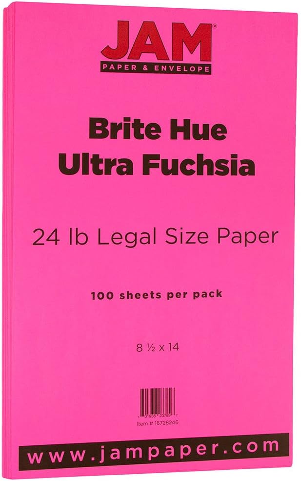 JAM PAPER Legal Colored 24lb Paper - 90 gsm - 8.5 x 14 - Ultra Fuchsia Pink - 100 Sheets/Pack