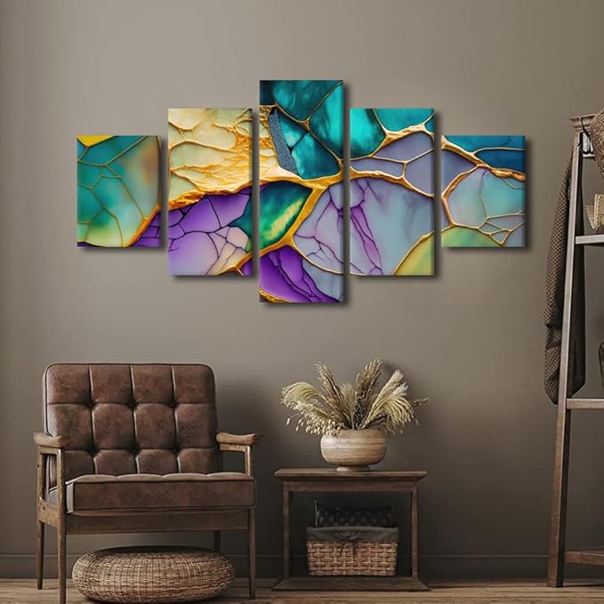 Abstract Canvas Wall Art Decor Modern Living Room Wall Art Abstract Mountains Rivers Streams Picture Printing 5 Panel Home Decor for Native Americans Office Wall Decor Framed Ready to Hang 60x32 in