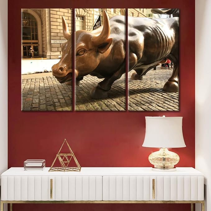 TUMOVO Modern Wall Decor 3 Panels America Famous Attractions Wall Street Bull Pictures Printed on Canvas for Bedroom Living Room Office Stretched and Framed Ready to Hang - 36" Wx24 H
