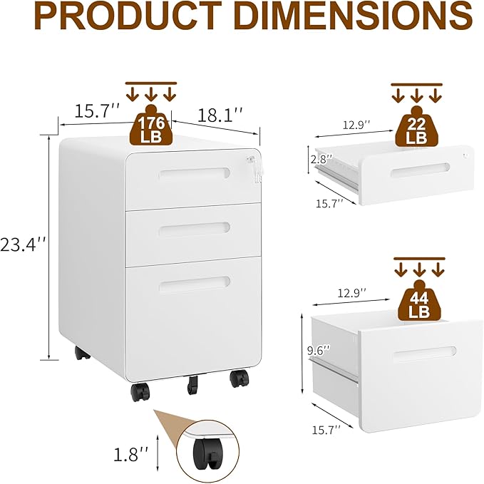3 Drawers File Cabinet, Mobile Filing Cabinet with Lock, Steel, Fully Assembled Except Casters, for Home Office, for A4, Letter, Legal File Folders, White