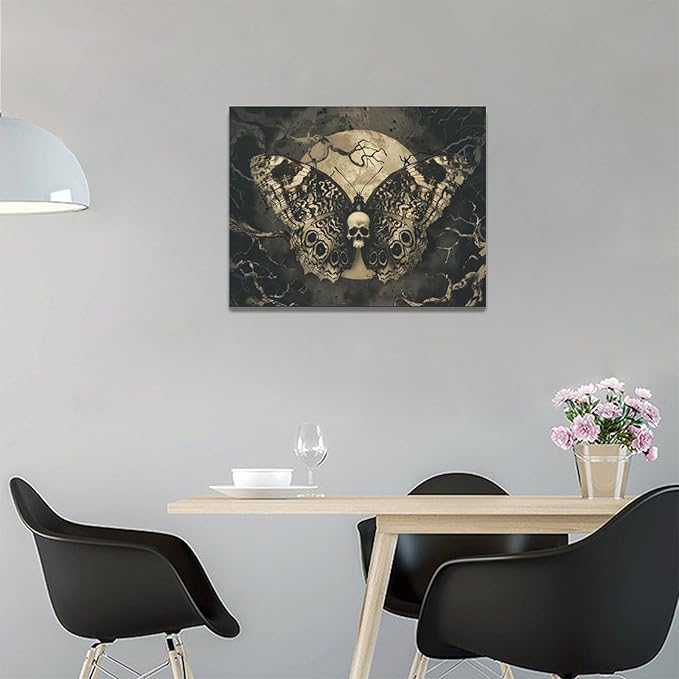 Skull Gothic Wall Art Skeleton Butterfly Dark Spooky Pictures Wall Decor Goth Horror Canvas Painting Home Modern Artwork Decorations Framed for Bathroom Living Room Bedroom Office 16x12 inch