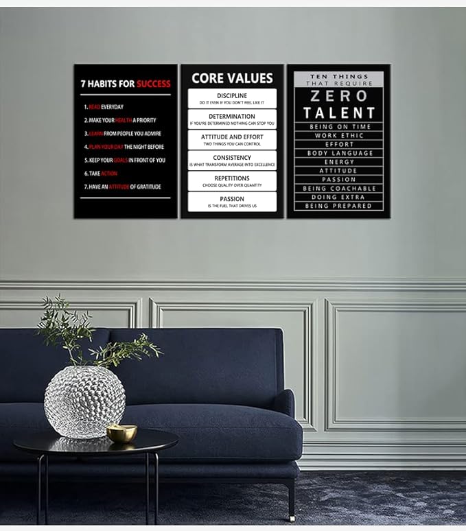 Inspirational Canvas Core Values Wall Art 3 Pieces Poster Motivational Ten Things That Require Zero Talent Canvas Artwork Picture Print Framed for Home Office Living Room Gym Wall Decor [48''Wx 24''H]