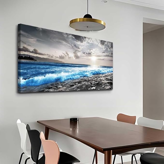 Hyidecorart Framed Canvas Wall Art - Large Size Decor for Office, Living Room, Bedroom - Blue Ocean, Black & White Modern Pictures