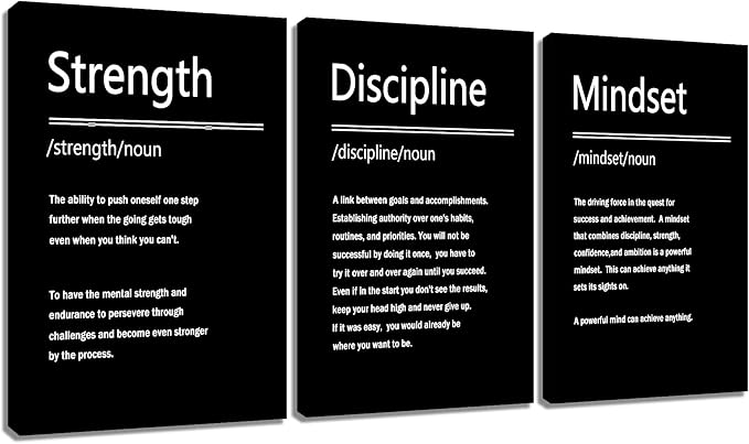 Motivational Poster Strength Discipline Mindset Inspirational Wall Art 3 Pieces Canvas Print Office Wall Decor Inspiring Affirmation Quotes for Living Room Gym Stretched and Framed [48''Wx 24''H]