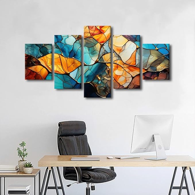 Rebotipy Abstract Canvas Wall Art Decor Modern Living Room Wall Art 5 Panel Home Canvas Art Blue Yellow Brown Glass Window Poster Printing for Men Living Room Decor Stretched Ready to Hang 60x32 in