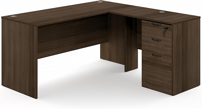 Furinno Roger 60 Inch L-Shaped Executive Desk with File Cabinet, L-Shaped Office Desk with 3-Drawer Fixed Pedestal Filing Cabinet, Desk Cord Grommet, for Home Office, Modern Walnut