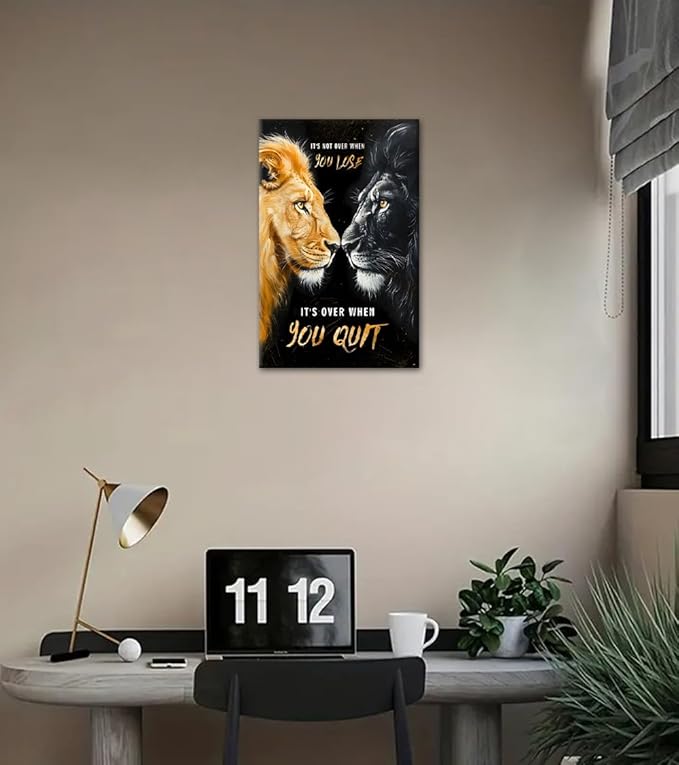 Inspirational Animal Wall Art - Black & Gold Lion Wall Decor Motivational Office Canvas Print Positive Quotes Poster Inspiring Sayings Artwork Modern Picture Framed for Home Workplace (28" W x 44" H)