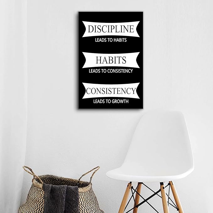 Inspirational Canvas Wall Art Painting Discipline Habits Consistency Motivational Positive Quotes Poster Print Wall Picture Artwork for Bedroom Office Gym Stretched and Framed [12''Wx18''H]