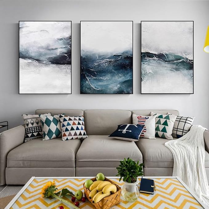 ARTKN Abstract Wall Art 3 Piece Large Framed Canvas Wall Art for Living Room Bedroom Home Office Modern Blue Seascape Decorative Paintings Ocean Theme Poster Prints(Blue, 24" X 32" X 3 Pieces)