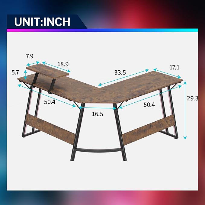 FDW L Shaped 51 Inch Gaming Desk,Corner Computer Desk,PC Gaming Desk,Writing Workstation with Large Monitor Stand for Home Office,Brown