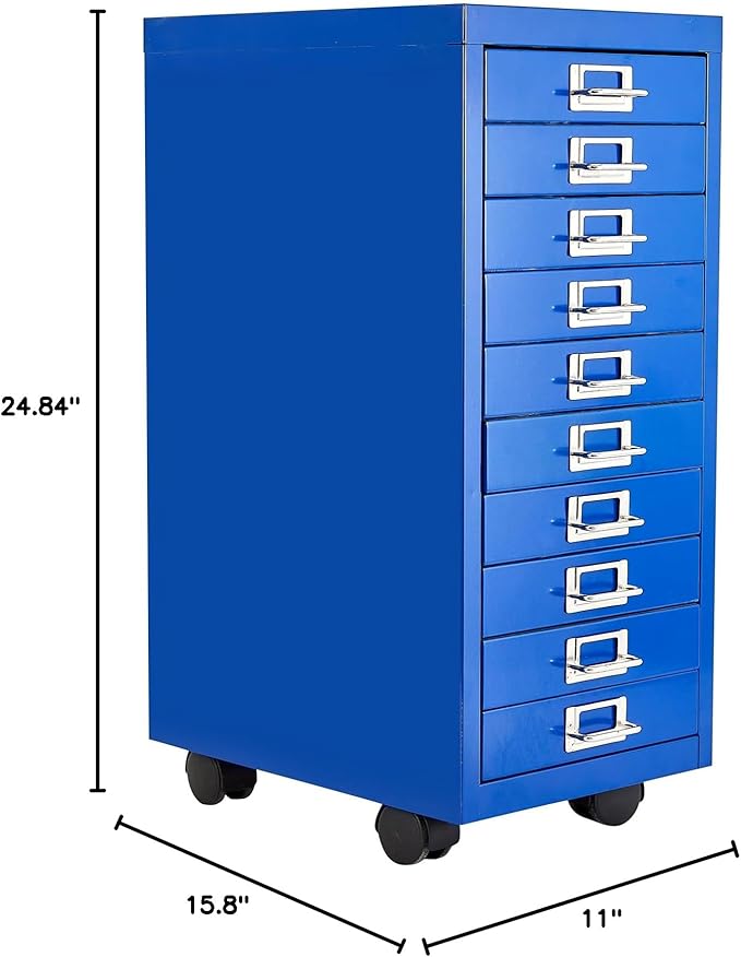File Cabinet MINI 10 Tier Metal File Organizer Document Organizer with Wheel, White Color, for Home Office, Office Desk File (Blue)