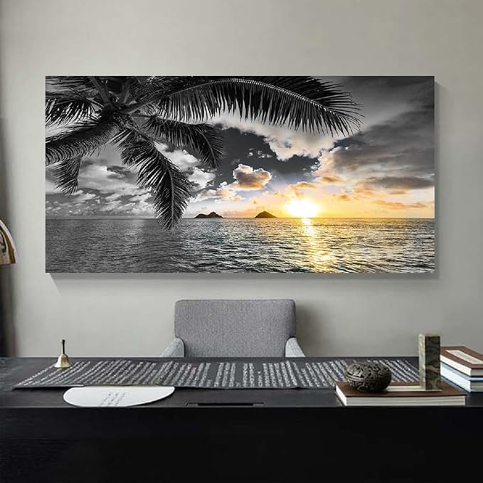 Bamdeya Wall Decor Living Room Black and White Beach Wall Art Sunset Seascape Pictures Palm Canvas Prints Art Wall Decor Bedroom Ocean Poster Painting for Home Office Decoration Scenery Artwork