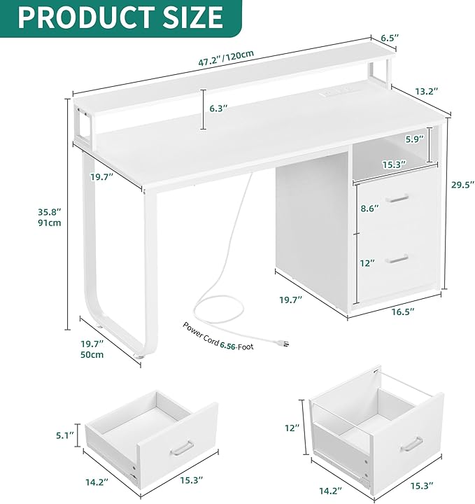 YITAHOME Computer Desk with Drawers, 47.2" Office Desk with Power Outlets & LED Light, Home Office Desk with Storage Shelves, White