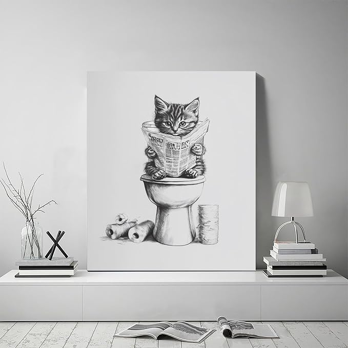 Cat Bathroom Wall Art Black and White Cat Pictures Wall Decor Funny Animal Canvas Painting Print Modern Home Decoration Artwork Framed 20"x24"