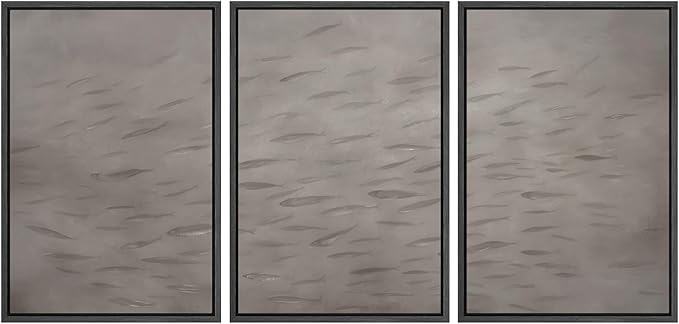 SIGNWIN Framed Canvas Print Wall Art Set Minimalist Fish Shoal Pattern Subtle Gray Underwater Illustrations Modern Art Decorative Abstract for Living Room, Bedroom, Office - 24"x36"x3 Black