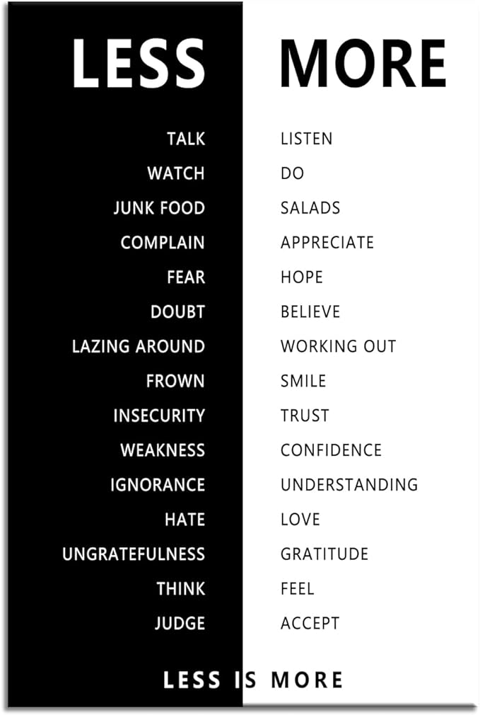Motivational Print Wall Art for Office Black and White Less is More Inspirational Poster Inspiring Picture Painting Modern Artwork for Home Bedroom Living Room Office Decor Frame[24''W X 36''H]