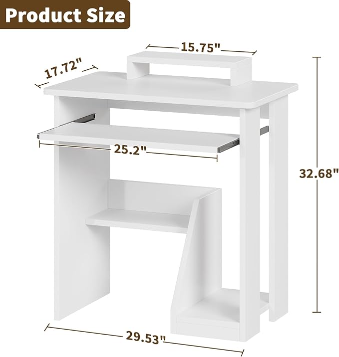 ALISENED 30" Small Computer Desk with Keyboard Tray Monitor Stand, Study Writing Desk with Storage Shelves, Modern Workstation for Small Spaces, Save Space, White