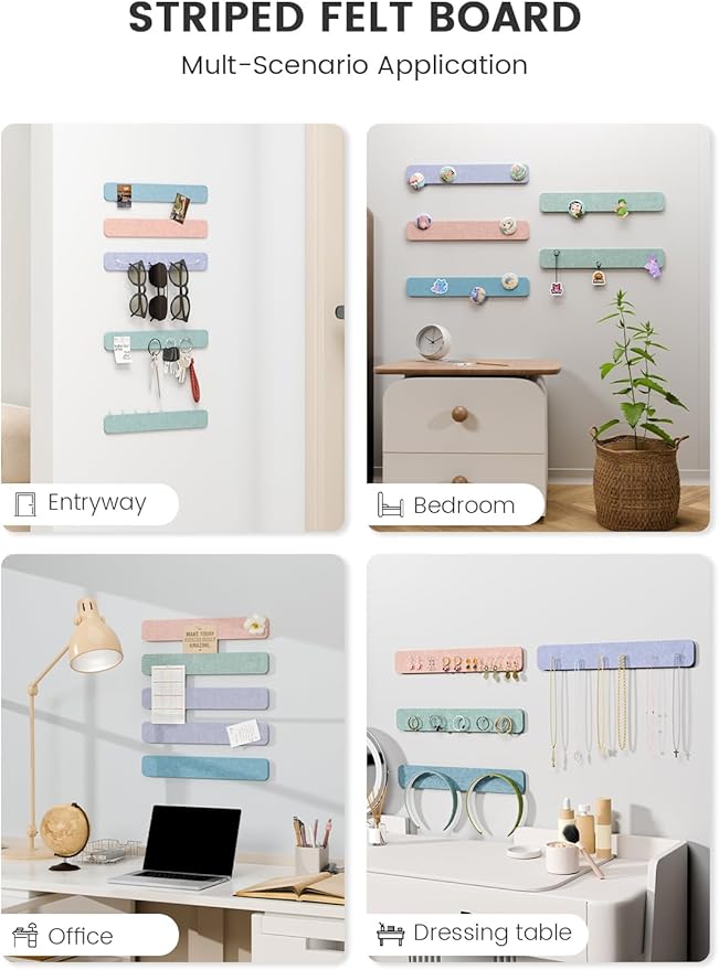 Fluxynara Cork Board Alternative Felt Strip Board 5-Pack 13"x2", Office Pin Board with 35 Push Pins, Adhesive Install for Bedroom Door & Home Office(Coastal Haze)