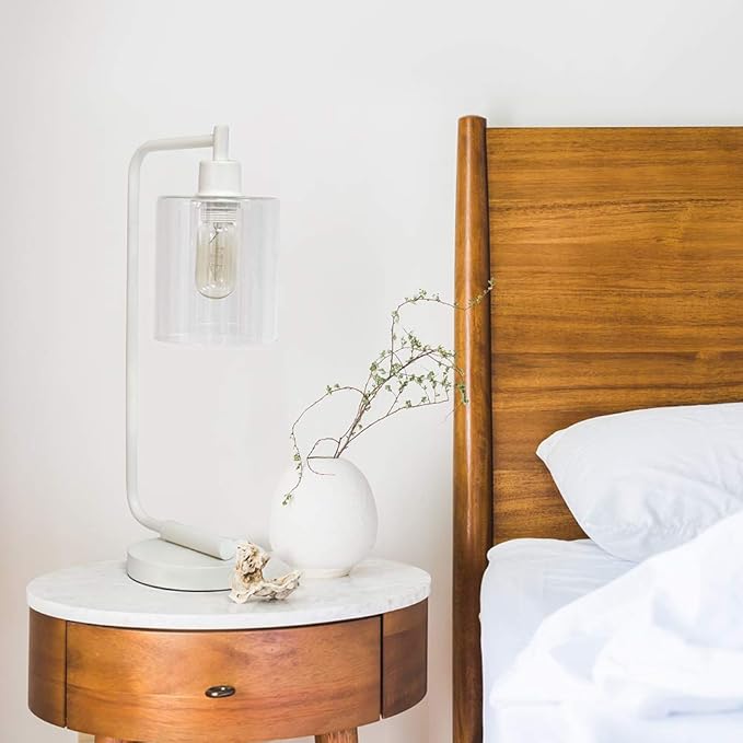 Simple Designs LD1036-WHT Bronson Antique Style Industrial Iron Lantern Desk Bedside Glass Shade Table Lamp, White
