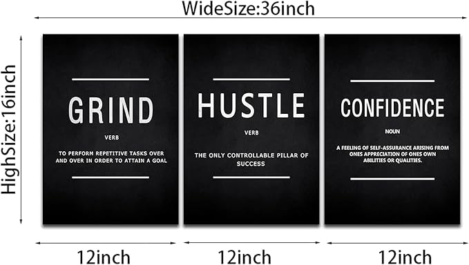 KAWAHONE Motivational Success Canvas Wall Art, Grind Hustle Confidence Wall Decor Framed Inspirational Entrepreneurs Painting Prints Quotes Poster for Office Workplace Ready to Hang
