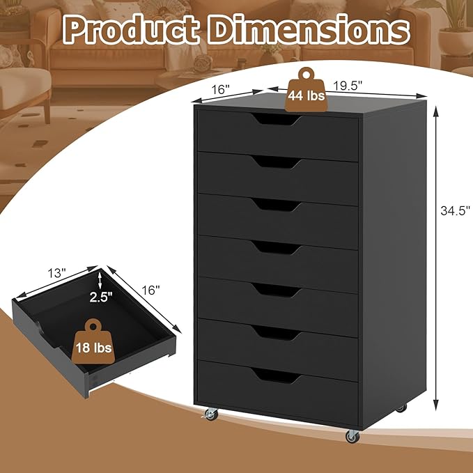 7 Drawers Filing Cabinet, Vertical File Cabinet for Home Office, Mobile Under Desk Office Storage Cabinets with Wheels (Black)